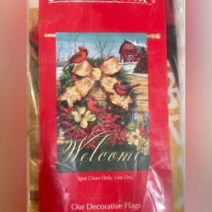 Christmas welcome flag, 29” x  43”.  Christmas wreath with cardinals.